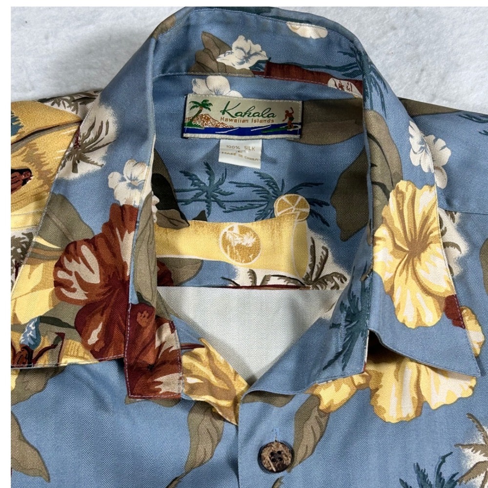 Kahala Hawaiian Shirt Mens L 100% Silk Tiki Cocktail Pineapple Aloha Blue Floral